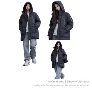 Korean Street Style Black Down Utility Parka Minimalist Oversized Coat
